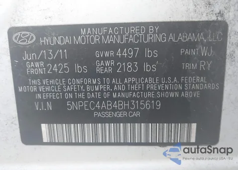 2011 Hyundai Sonata Se 2.0T from USA, damaged, VIN 5NPEC4AB4BH315619